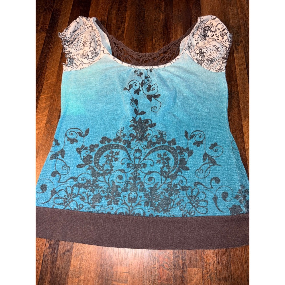 No Boundaries Womens Blue Brown Floral Crochet Lace‎ Back Size M 7-9 Cap Sleeve